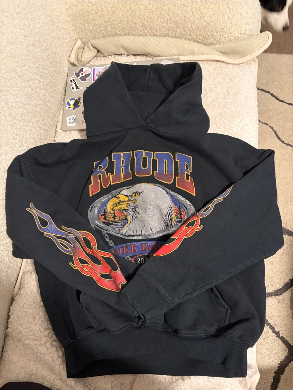 Rhude Black Pullover Hoodie with Eagle Chest and Flame Sleeves